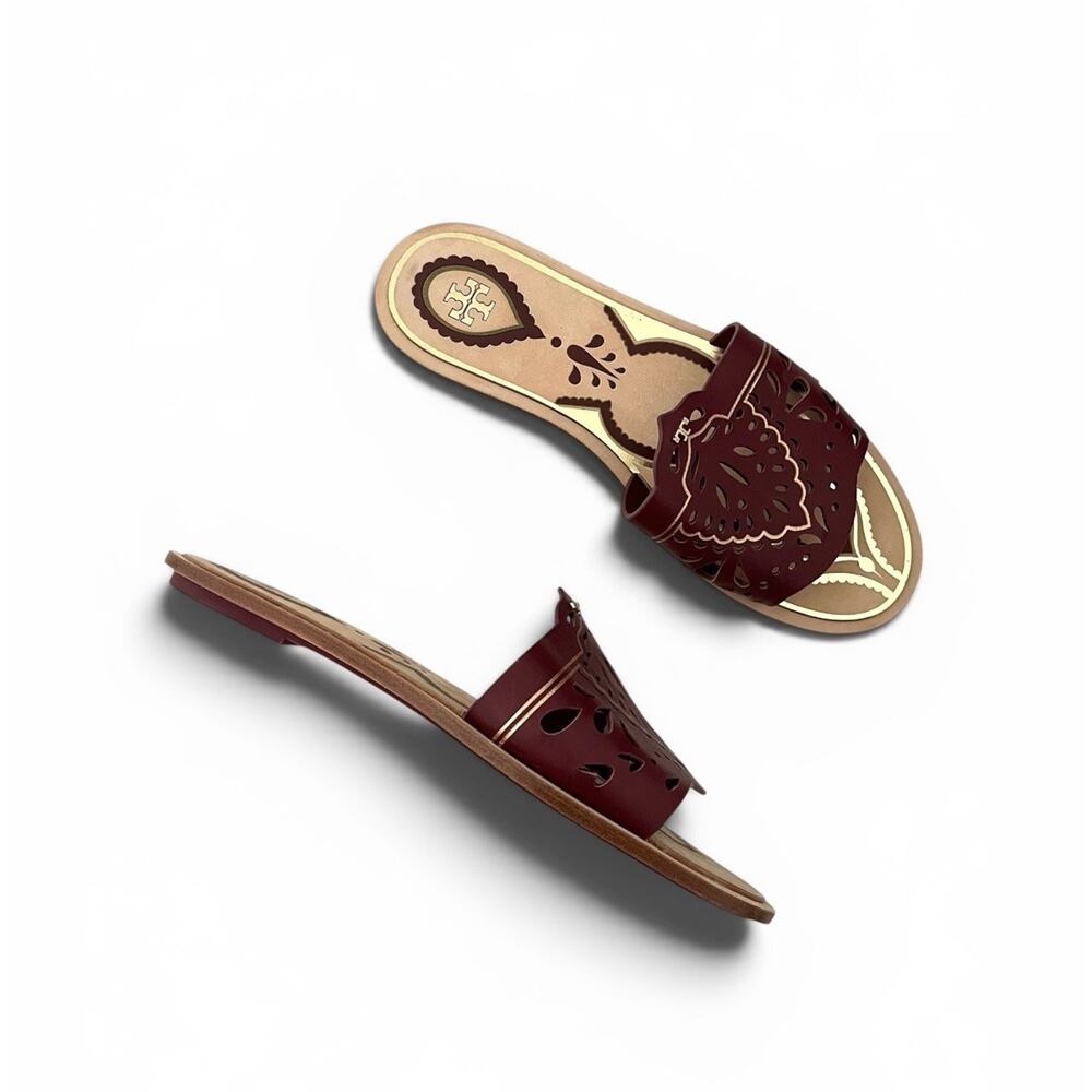 Tory Burch Annika Flat Sandals Tuscan Wine Size 7 Laser Cut Leather Slide Summer
